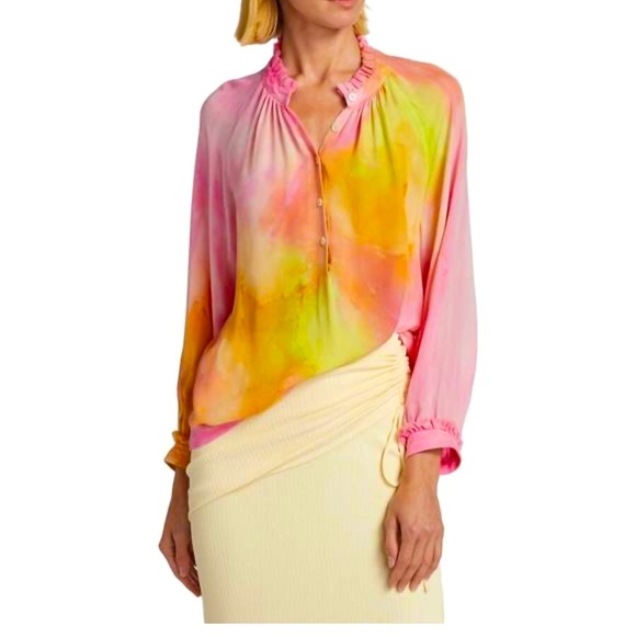 Raquel Allegra Tops - raquel allegra victorian ruffle blouse 100% silk tie dye pink chartreuse 00 XS